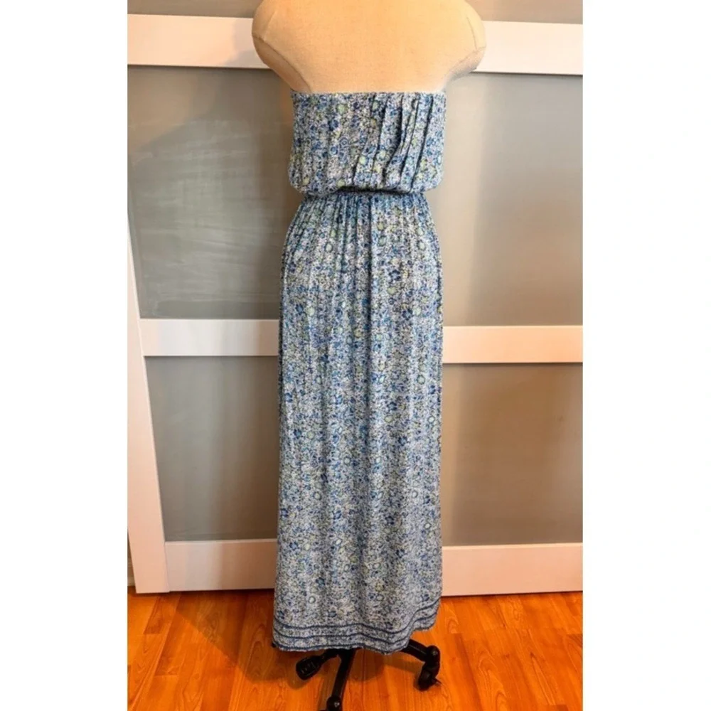 Poupette St Barth Mara Strapless Maxi Dress Blue Floral Print Small resort wear
